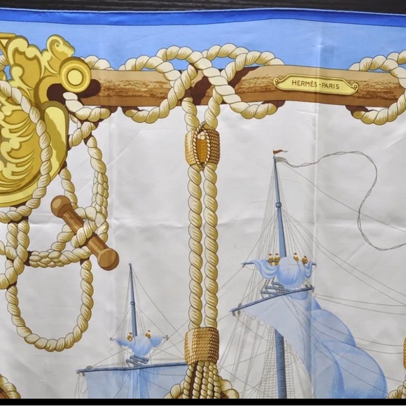 Authentic HERMES Carre 90 Scarf "Tribord" Silk Blue - Picture 2 of 16